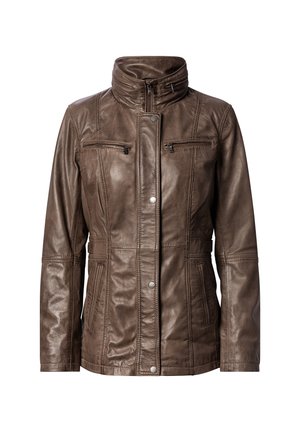 Brown leather jacket with stand collar, two chest zip pockets, snap buttons, and side pockets, shown front-facing on white background.