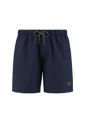 Tamarne plave kupaće hlače izrađene od lagane tkanine, s elastičnim pojasom s vrpcom i malom oznakom loga sa strane.