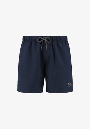 Tamarne plave kupaće hlače izrađene od lagane tkanine, s elastičnim pojasom s vrpcom i malom oznakom loga sa strane.