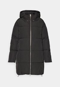 Black puffer jacket with a hood, featuring a front zipper, elastic accents, and a quilted design. Made from lightweight, insulated material.