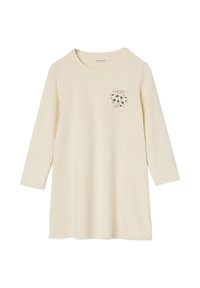 Cremfarbendes Langarm-T-Shirt mit Rundhalsausschnitt und Herzgrafik, die die Worte "FOREVER LOVE" zeigt. Weicher, leichter Stoff.