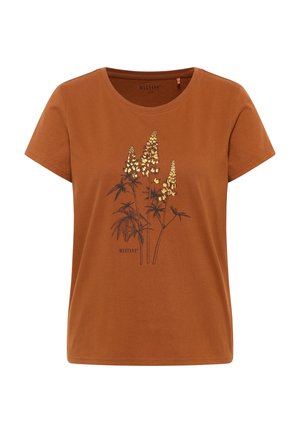 T-shirt en coton couleur rouille à manches courtes et col rond. Présente un motif graphique floral en noir et or à l'avant.