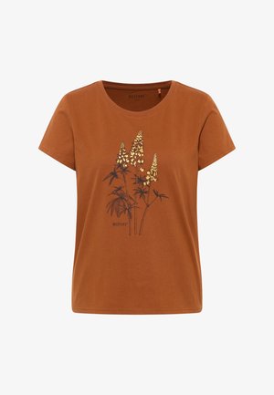 Tricou din bumbac de culoare ruginiu, cu mâneci scurte și guler rotund. Prezintă un imprimeu floral grafic în negru și aur pe partea din față.