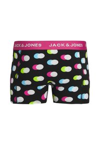 Black boxer shorts featuring a pattern of colorful dots in pink, white, green, and blue, with a branded pink waistband.