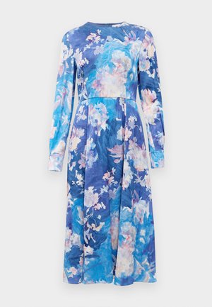 Long-sleeve midi dress with fitted waist and watercolor-style floral print in shades of blue, pink, and white on ribbed fabric.