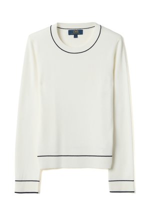 Jersey blanco de manga larga con ribete negro en el cuello redondo, puños y dobladillo, colocado plano con la etiqueta de la marca OVS visible en el interior del cuello.