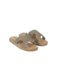 Infradito beige con cinturini in tessuto testurizzato decorati con accenti metallici; suola piatta con leggera imbottitura per il comfort.
