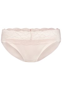 Sous-vêtements rose clair avec une ceinture en dentelle, en tissu lisse et extensible, et des détails ondulés sur la dentelle.