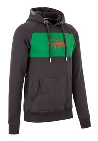 Farbblockiertes Hoodie in Dunkelgrau mit einem grünen horizontalen Streifen. Verfügt über eine vordere Kängurutasche und verstellbare Zugbänder mit Metallenden.