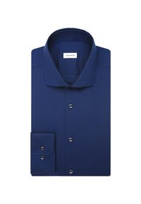 Donkerblauwe overhemdd met een klassieke kraag, lange mouwen en zwarte knopen. Heeft één met een knoop sluitende manchette en een gladde stof textuur.