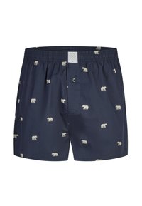 Donkerblauwe herenboxershorts met een elastische tailleband en kleine witte berenprints verspreid over de stof.