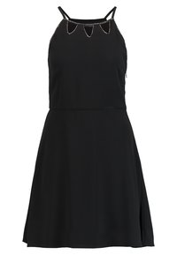 Black sleeveless dress with double shoulder straps, keyhole neckline, and rhinestone trim along the neckline and sides.