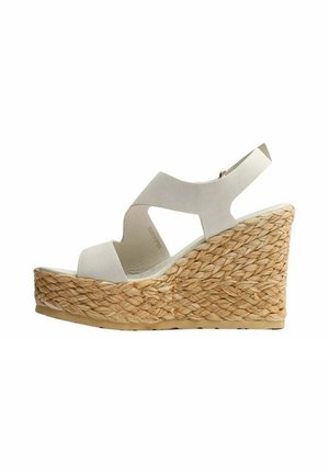 Sandalo zeppa in pelle bianca con piattaforma in corda intrecciata e punta aperta, con cinturino posteriore e ritagli ai lati.
