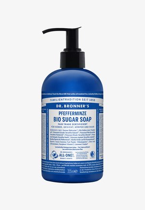 Blue plastic pump bottle of Dr. Bronner's Bio Sugar Soap, 355ml; label in white and blue with text and ingredient list in German.