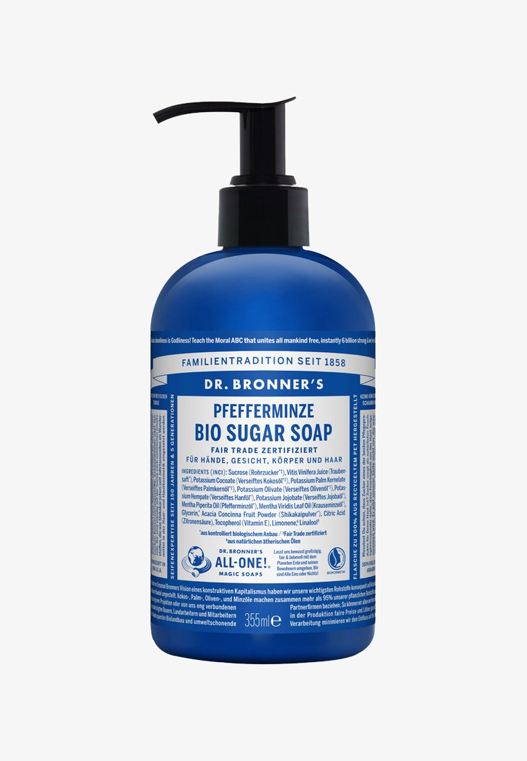Blå plastpumpeflaske med Dr. Bronner's Bio Sugar Soap, 355 ml; etikett i hvid og blå med tekst og ingrediensliste på tysk.