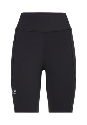 Zwarte sportshorts met een hoge tailleband, voorzien van twee zijzakken en contrasterende stiksels. Gemaakt van rekbare, gladde stof.