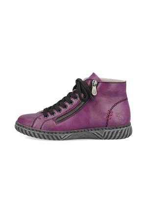 Purple leather high-top sneaker with black laces, side zipper, and textured black rubber sole. Features stitching and logo detail.