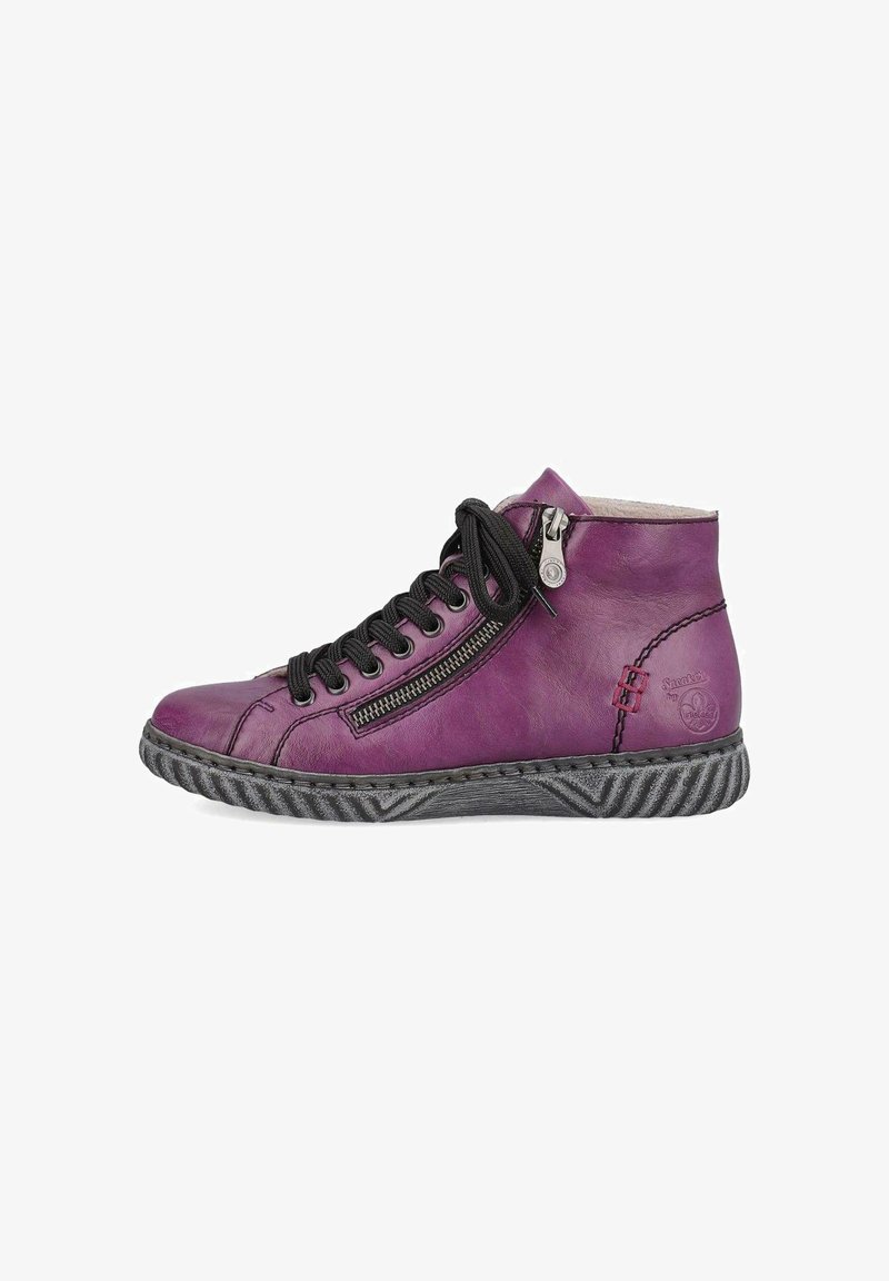 Purple leather high-top sneaker with black laces, side zipper, and textured black rubber sole. Features stitching and logo detail.