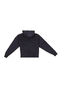 Mørkeblå cropped hoodie med snor i hætten, lange ærmer og ribbede manchetter; blød tekstur med rene sømme og ingen synlige logoer.