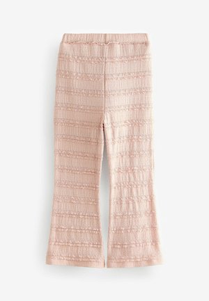 Helle pinke, ausgestellt geschnittene Hose aus strukturiertem Stoff mit horizontalen Streifen und Spitzenakzenten. Elastischer Bund für zusätzlichen Komfort.