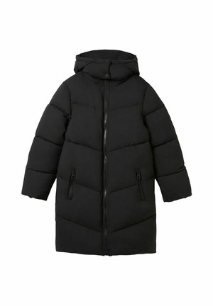 Manteau long matelassé noir avec capuche, fermeture éclair à l'avant, deux poches zippées, et boutons-pression au col, conçu pour temps froid.