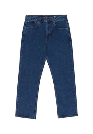 Blaue Jeans aus Denim mit geradem Bein, ausgestattet mit einem Knopfverschluss, Gürtelschlaufen und vier Taschen. Der Stoff hat eine leichte Textur und einen verblassten Look.