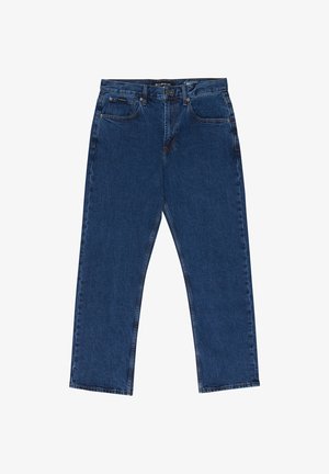 Blauwe denimspijkerbroek met een recht model, voorzien van een knoopsluiting, riemlussen en vier zakken. De stof heeft een lichte textuur en vervaging.