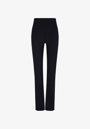 Pantaloni da yoga neri a vita alta con gamba dritta e fascia larga, progettati per comfort e movimento flessibile.