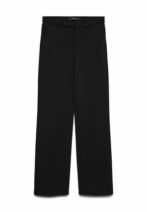 Pantalons noirs en tissu lisse, présentant un design à jambe droite, des passants de ceinture et des poches avant pour plus de fonctionnalité.
