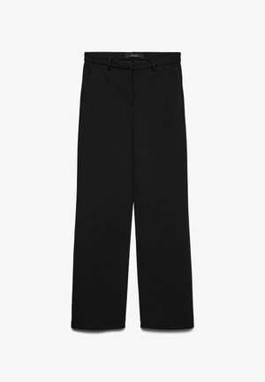 Pantalones negros de tejido suave, con un diseño de pierna recta, trabillas para cinturón y bolsillos frontales para mayor funcionalidad.