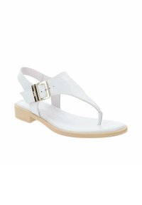 Sandal in pelle bianca con design a T-strap, fibbia regolabile e suola piatta beige. Texture liscia con dettagli perforati.
