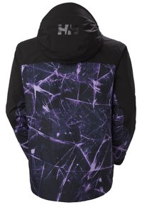 Zwarte jack met een paars abstract patroon, voorzien van een capuchon en een textuurstof. Inclusief een logo op de achterkant nabij de nek.