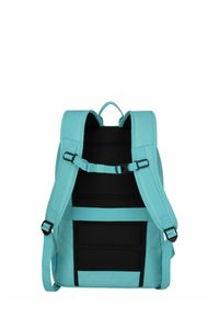 Zaino turchese con pannello posteriore in rete nera e spallacci regolabili. Presenta una maniglia superiore e un tessuto resistente. Design elegante e funzionale.