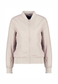 Light beige bomber jacket with a zip front, ribbed cuffs, and hem. Smooth, lightweight fabric with side pockets and a round neckline.