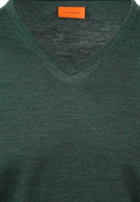 Donkergroene v-hals trui gemaakt van zacht gebreide stof. Heeft een geribde halslijn en een oranje Suitable merklabel aan de kraag.