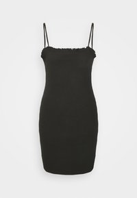 Vestido mini preto com nervuras, alças finas e decote com babados. Design ajustado com uma textura suave. Sem padrões ou acentos adicionais.