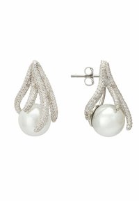 Pendientes de plata con un diseño texturizado, tres acentos puntiagudos y una gran perla blanca redonda en la base.