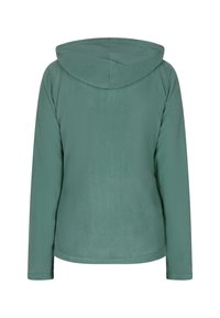 Zielona polarowa bluza z kapturem charakteryzująca się miękką fakturą, długimi rękawami i kapturem. Projekt jest prosty, bez widocznych zapięć czy wzorów.