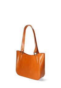 Borsa a spalla in pelle color tan con una texture liscia, forma allungata e due manici robusti. Presenta dettagli in metallo argentato come elementi di accento.