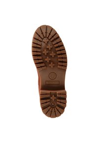 Semelle de botte en caoutchouc marron avec un motif de bande de roulement texturé, comprenant un logo circulaire au talon et conçue pour offrir une traction sur diverses surfaces.
