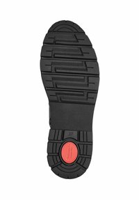 Black rubber shoe sole featuring deep treads for traction, a circular red accent, and a stamped size '37' for identification.