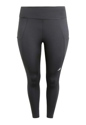 Sorte træningsleggings med et glat, strækbart stof; har sidelommer og et hvidt logo på nederste ben. Høj taljedesign.