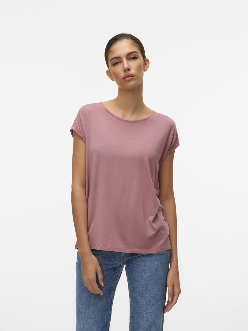 Roze T-shirt met korte mouwen van een zachte, gladde stof en een relaxte pasvorm. Kenmerkt zich door een ronde halslijn en subtiele zijkanten met plooien.