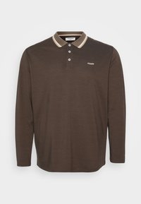 Long-sleeve polo shirt in dark brown with a contrasting beige collar, three-button placket, and a small logo on the left chest. Soft texture.