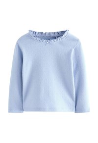 Top azzurro chiaro a maniche lunghe realizzato in tessuto morbido, con un collo a volant e un piccolo fiocco sotto. Superficie testurizzata con un motivo sottile.