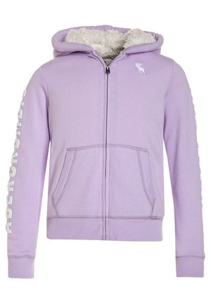 Sweat à capuche zippé violet clair avec doublure en polaire, poche kangourou, texte blanc sur les manches et petit logo cerf sur la poitrine.