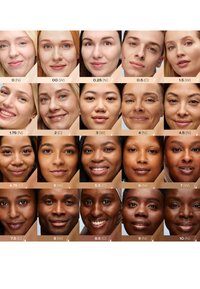 Raster van 12 diverse gezichten met verschillende huidtinten. Kenmerken omvatten verschillende texturen, complexies en subtiele make-up. Elk gelabeld met een numerieke huidtintwaarde.