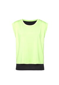 Neon-grünes ärmelloses Top mit einem abgerundeten schwarzen Saum und Halsausschnitt. Glatte Textur; lockere Passform mit weit geschnittenen Armöffnungen.