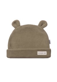 Olivgrüner, gerippter Strickbeanie mit umgeschlagenem Bündchen und zwei kleinen, ohrenähnlichen Akzenten. Auf der Vorderseite befindet sich ein aufgenähtes Etikett "little one".