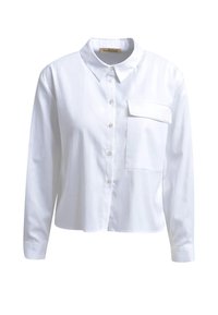 White button-up shirt with a collar, long sleeves, and a single chest pocket. Smooth fabric with a classic design, cropped length.